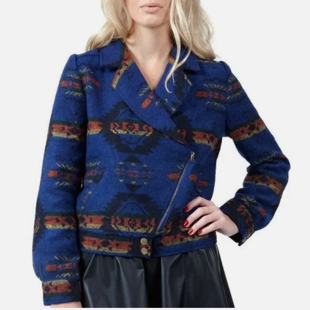 Women’s Anthropologie jacket Blu Pepper Multicolor Bomber moto Med Aztec western